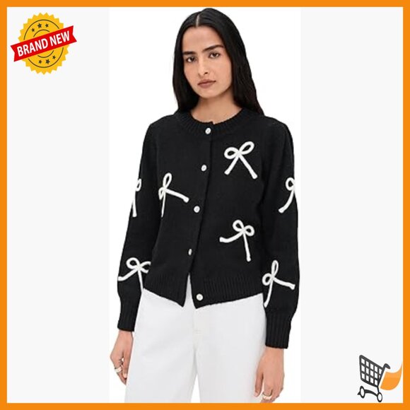 Mid-Weight Brushed Knit Cardigan with Bow Appliques and Elastic Trim